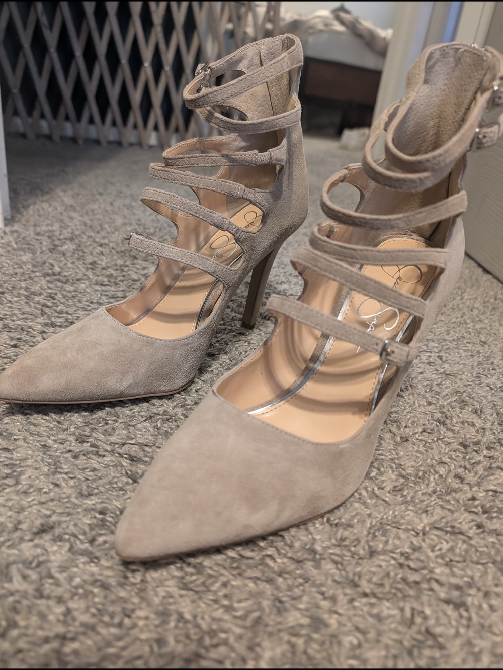Jessica Simpson Taupe Strappy Pointed-Toe Stiletto Heels